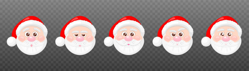Set of Cute Santa Claus faces with different emotions. Vector illustration on transparent background