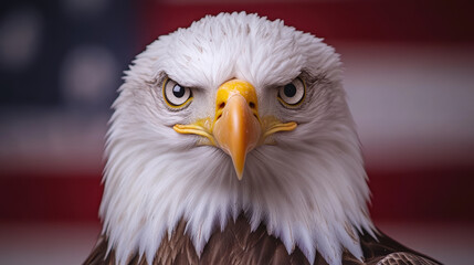 Majestic bald eagle against a blurred flag background showcasing strength and patriotism