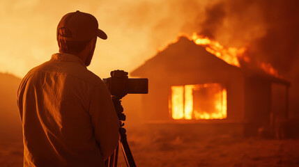 Fototapeta premium Capturing a blazing house fire with a photographer and camera in the foreground