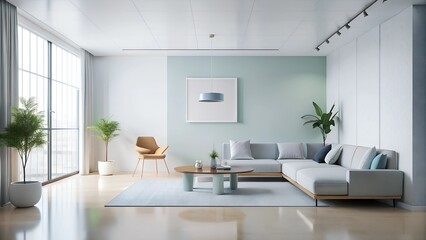 Fototapeta premium Minimalist interior design of modern living room with white wall.