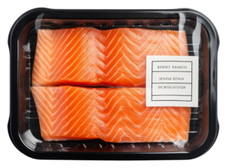 PNG Sealable black plastic tray with salmon and blank label mockup packaging seafood freshness retail.