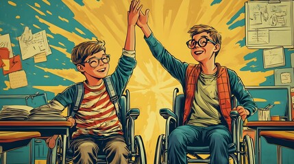Obraz premium Joyful schoolboy in a wheelchair high-fiving a friend in a lively classroom, vintage comic style, bright and cheerful, comic book-like outlines, retro education theme