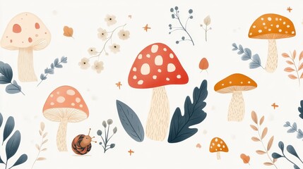 Soft color illustrations full of childlike charm, featuring delicate natural elements such as mushrooms, leaves, berries, and cute little snails.