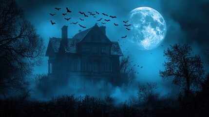 Spooky Haunted House Under Full Moonlight