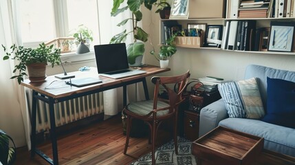 Stylish Minimalist Home Office Setup in Living Room with Comfortable and Sleek Furniture
