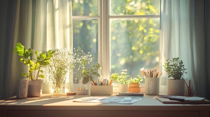 A cozy minimalist desk layout with light green accents, neatly arranged with pens, tape, and stickers. The morning light pours in from the window, creating a warm and creative atmosphere.