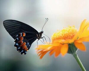 A stunning butterfly rests on a vibrant yellow flower, showcasing intricate patterns and colors. This serene nature scene captures the essence of summer and tranquility.