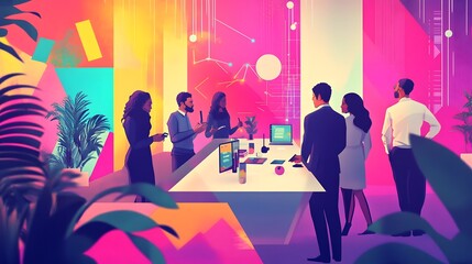 A vibrant illustration of diverse people working together in an open office, surrounded by digital screens displaying global maps