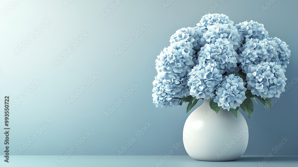 Poster blue hydrangea flowers in a white vase against a light blue wall.