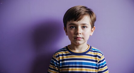 Focused young Caucasian boy with short brown hair wearing striped shirt on plain purple background