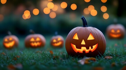 Fototapeta premium Halloween Pumpkins on Green Grass with Blurred Lights