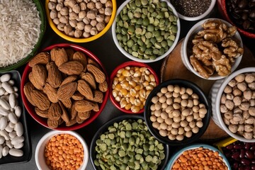 several pots with raw grains for preparing healthy food