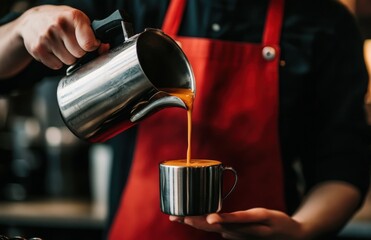 A barista pouring coffee from a stainless steel pot into a mug, wearing a red apron over a black shirt, close-up