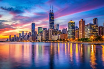 Fototapeta premium Stunning Chicago Skyline at Dusk with Illuminated Buildings and Peaceful Lake Michigan View