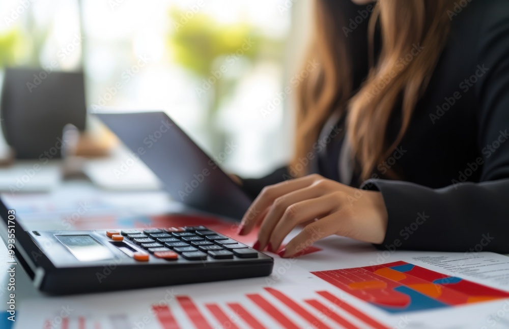 Poster businesswoman using a calculator to balance her work for computers, papers, and charts on a desk in 