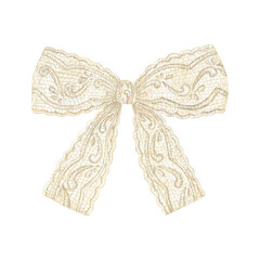 A hand-drawn watercolor illustration of a vintage lace bow. The delicate tracery and pastel tones create a graceful wedding element, ideal for bridal decor, gift wrapping, or elegant invitations