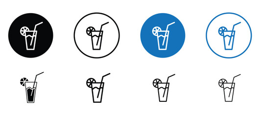 Lemon water icons set, Set of eight different styles drink icon with a straw in a glass.