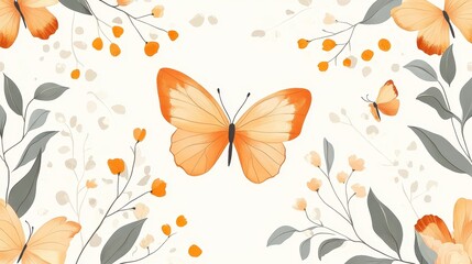 Elegant seamless repeating patterns showcase soft colored butterflies, flowers, and leaves. This minimalist design leaves a lot of blank space between elements