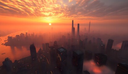 Stunning Sunset Over High-Rise Buildings in Shanghai