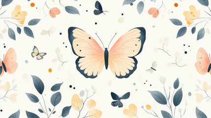 Elegant seamless repeating patterns showcase soft colored butterflies, flowers, and leaves. This minimalist design leaves a lot of blank space between elements