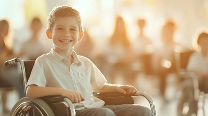 Happy schoolgirl in a wheelchair smiling in a bright inclusive classroom, surrounded by diverse students, books, and colorful posters