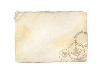 A vintage watercolor illustration of aged paper with a stamped postal mark. The hand-drawn texture and retro style make it perfect for wedding invitations, greeting cards, or nostalgic letter designs