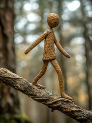 A wooden human figure walking on a branch.