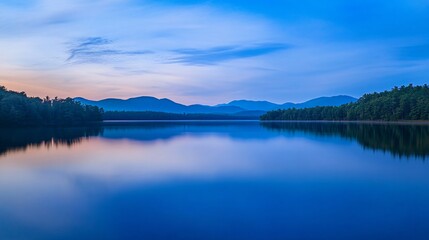 A blue hour landscape photograph of a tranquil lake.