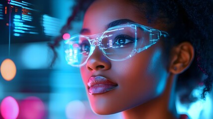 High-tech lab, Black female scientist interacting with an AI hologram, futuristic medical data floating around her, neon blue and violet hues, photo-realism, soft lighting