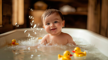 dorable baby smiling while playing with rubber duckies in a warm bubble bath, cute and joyful childhood moments in a cozy home setting