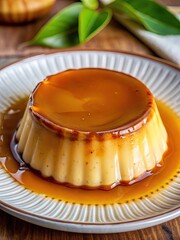 Rich caramel flan dessert on a white plate with a glossy finish.