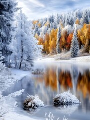 Fototapeta premium Enchanting Autumnal Forest Landscape Reflected in Serene Frozen Lake
