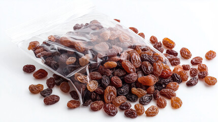 Fototapeta premium Lying Down Transparent Bag of Raisins, Emphasizing Sweet and Healthy Snack.