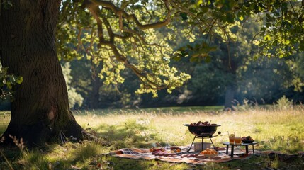 Enjoy a perfect outdoor barbecue under a large tree in a serene green field setting, ideal for gatherings and relaxing moments.