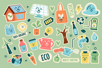 Collection kawaii stickers eco friendly cute elements flat design