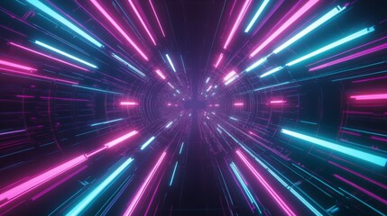 Naklejka premium Neon lights accentuate the vibrant, deep-perspective corridor, creating a striking modern sci-fi atmosphere.