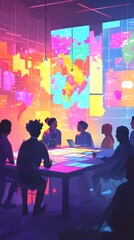 A vibrant illustration of diverse people working together in an open office, surrounded by digital screens displaying global maps