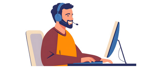Young man working in customer service wearing a headset flat illustration isolated on background