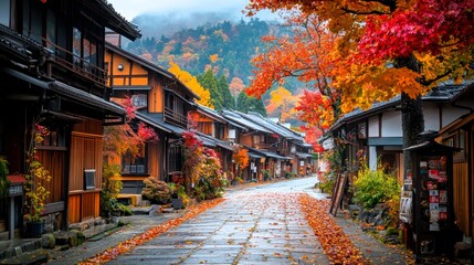 Fototapeta premium Autumn Foliage and Traditional Japanese Houses in a Misty Mountain Village