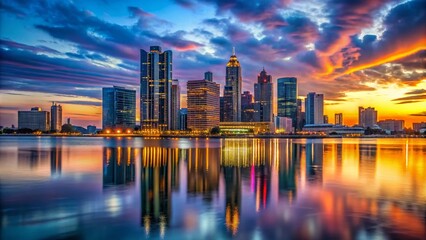 Fototapeta premium Stunning Detroit Skylines at Dusk with Illuminated Buildings and Reflective River Views