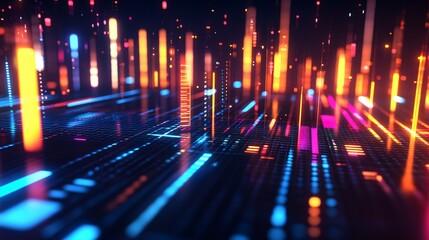 Obraz premium Vibrant 3D Equalizer Bars Illuminating Dark High-Tech Environment - Digital Music Concept