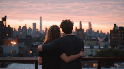Couple enjoying a romantic sunset view over the New York City skyline from a rooftop terrace