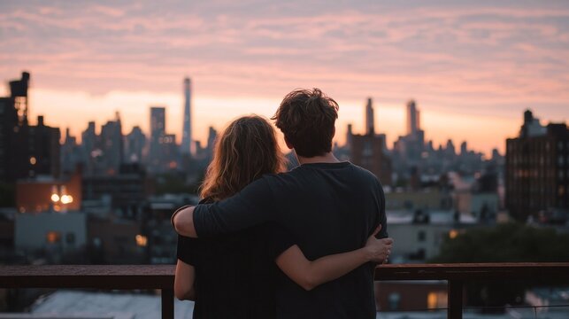 Couple enjoying a romantic sunset view over the New York City skyline from a rooftop terrace