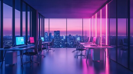 Modern Office Interior with Panoramic Windows at Dusk