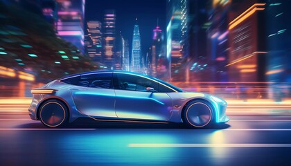 Fototapeta premium Electric Car Speeding Through a City Street at Night, Captured in Motion with Blurred Lights from Surrounding Buildings and Streetlights, Creating a Futuristic and Dynamic Urban SceneElectric Car Spee