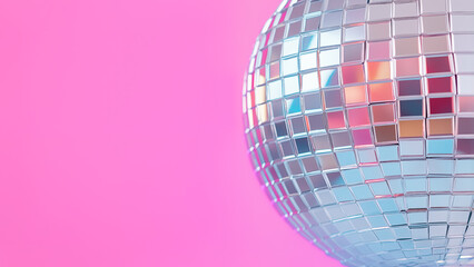 Fototapeta premium Disco ball isolated on a pink background with space for text. Minimal concept of nightlife, entertainment, club party, New year or christmas celebration. Creative invitation card.