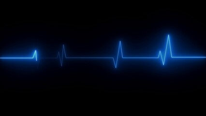 Heartbeat neon line. Blue colorful heartbeat rate and pulse on black screen. Neon heartbeat pulse line icon.