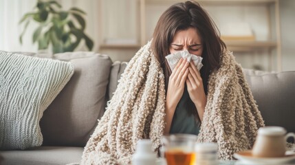A woman sitting on her couch, wrapped in a blanket, holding a tissue to her nose, 