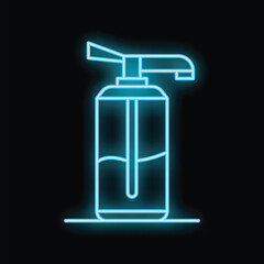 Glowing blue neon sign representing a soap dispenser, evoking cleanliness and hygiene