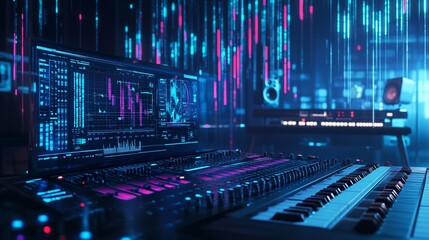 Futuristic Digital 3D Music Studio with Interactive Holograms and Advanced Sound Technology